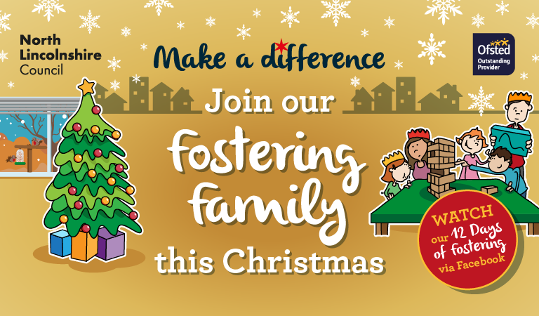 An illustrated image of children playing at Christmas time with the text: Join our fostering family this Christmas.