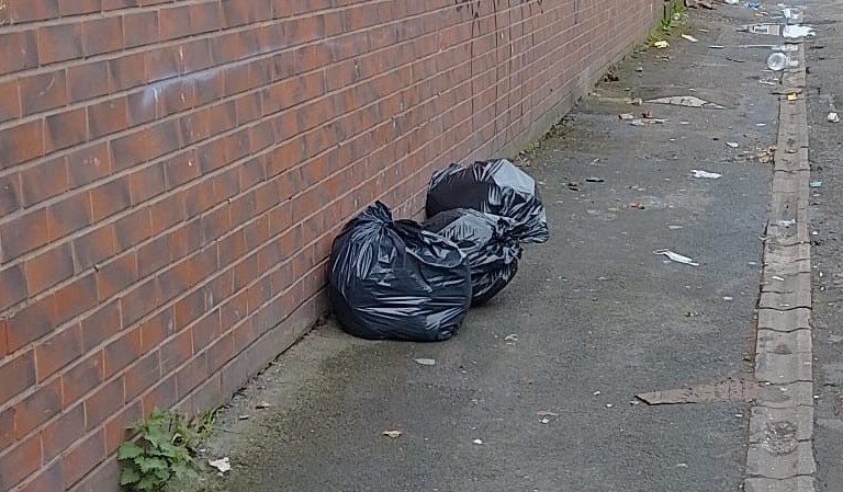 Two black bin bags dumped in an alleyway